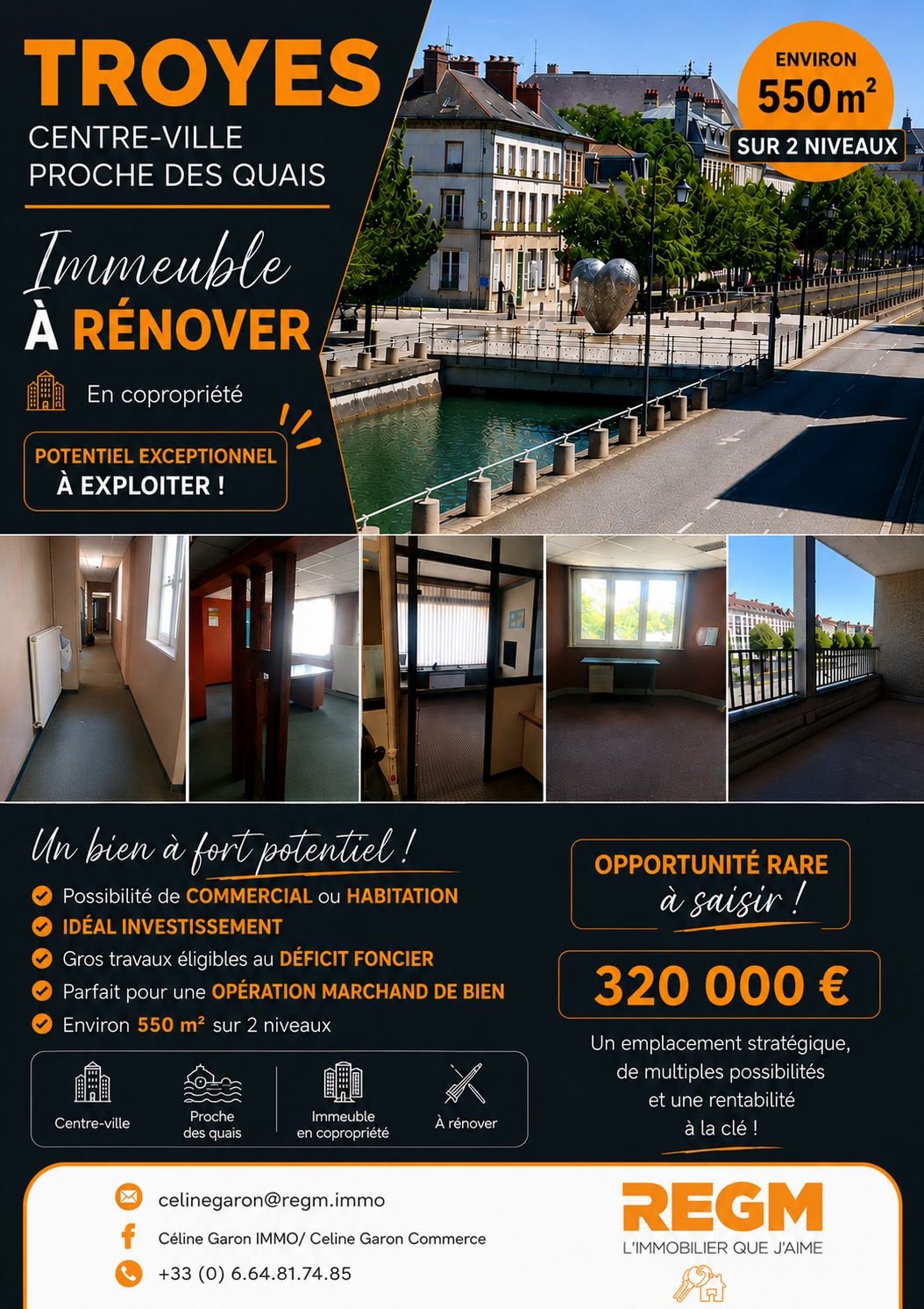 Immeuble à fort potentiel   Centre-ville de Troyes   550 m2   Vue sur les quais